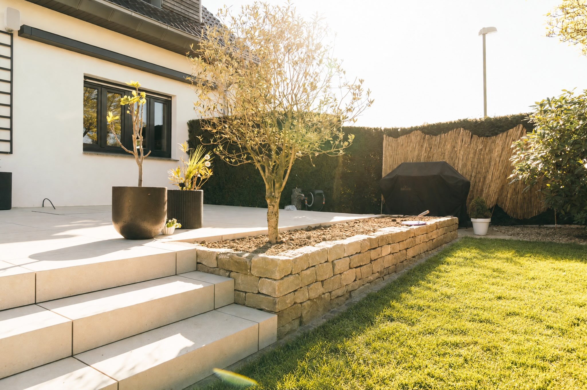 Terrasse mit Stufen, Trockenmauer aus Naturstein und Baum im Hochbeet